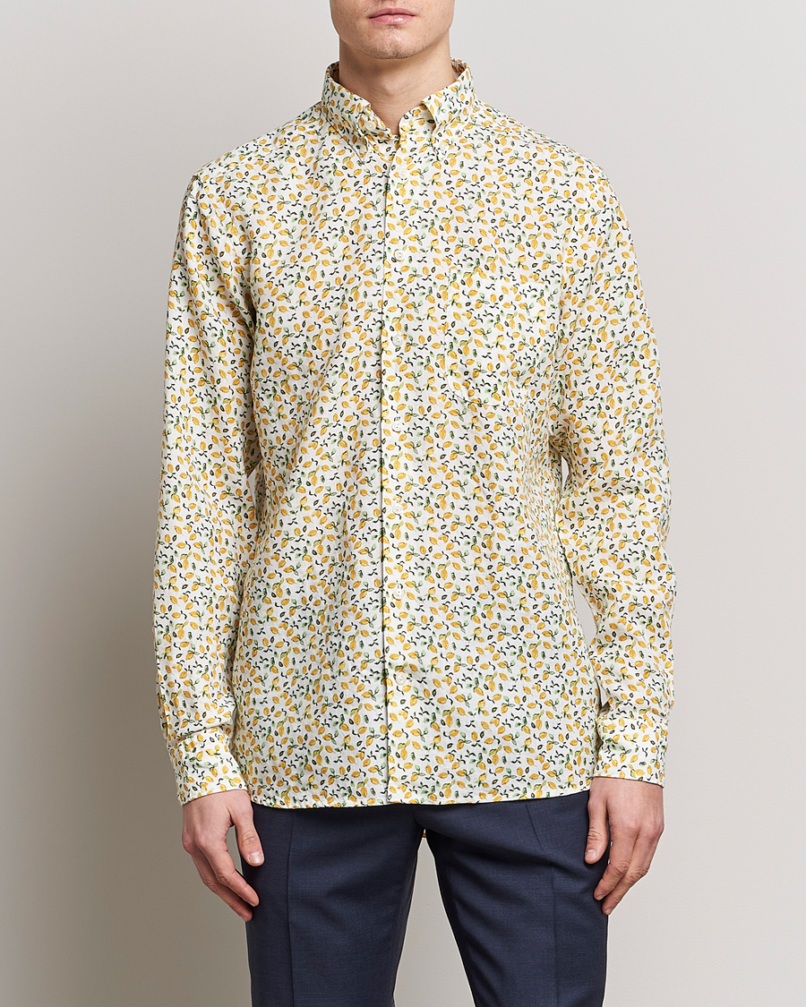 Mies |  | Eton | Lemon Print  Contemporary Linen Shirt Yellow 