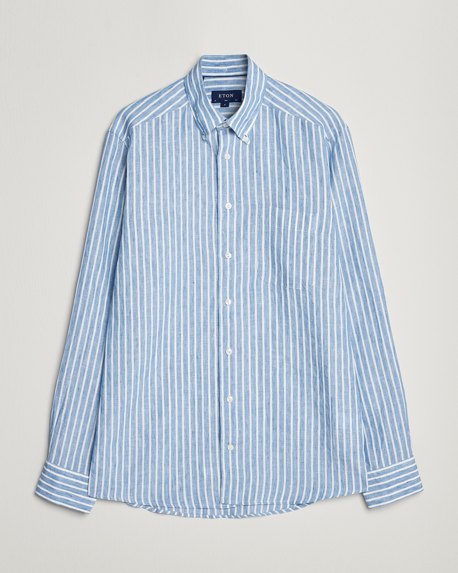 Mies | Kauluspaidat | Eton | Slim Fit Striped Linen Shirt Mid Blue