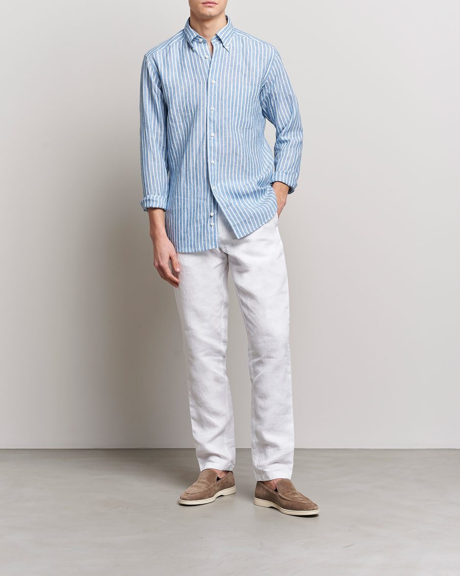 Mies | Kauluspaidat | Eton | Slim Fit Striped Linen Shirt Mid Blue