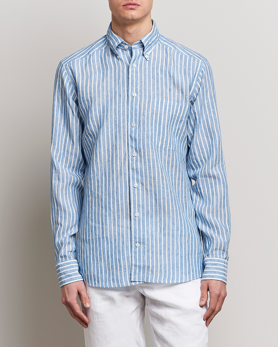 Mies | Pellavapaidat | Eton | Slim Fit Striped Linen Shirt Mid Blue
