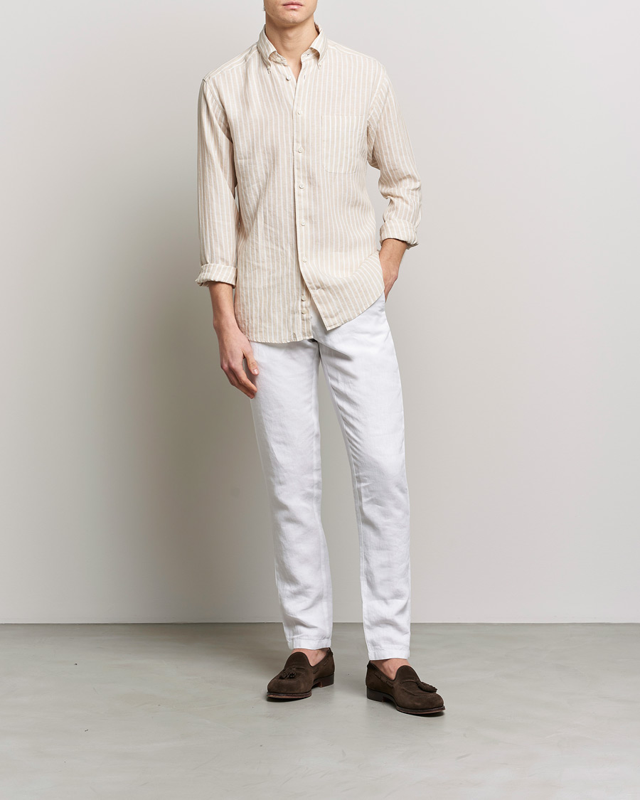 Mies | Kauluspaidat | Eton | Slim Fit Striped Linen Shirt Brown