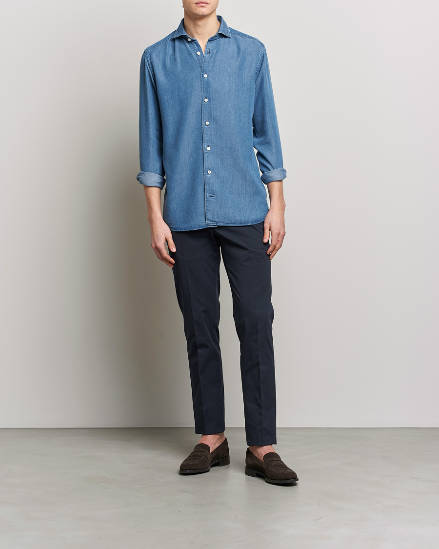 Mies | Kauluspaidat | Eton | Light Denim Tencel Shirt Navy Blue