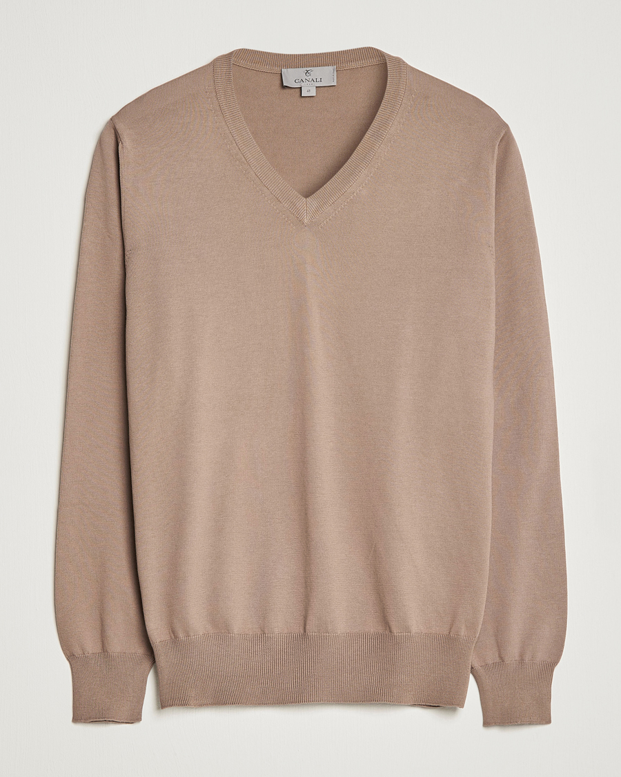 Mies | Puserot | Canali | Cotton V-Neck Pullover Brown