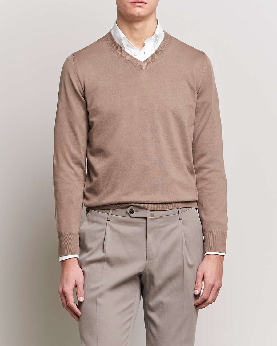 Mies |  | Canali | Cotton V-Neck Pullover Brown