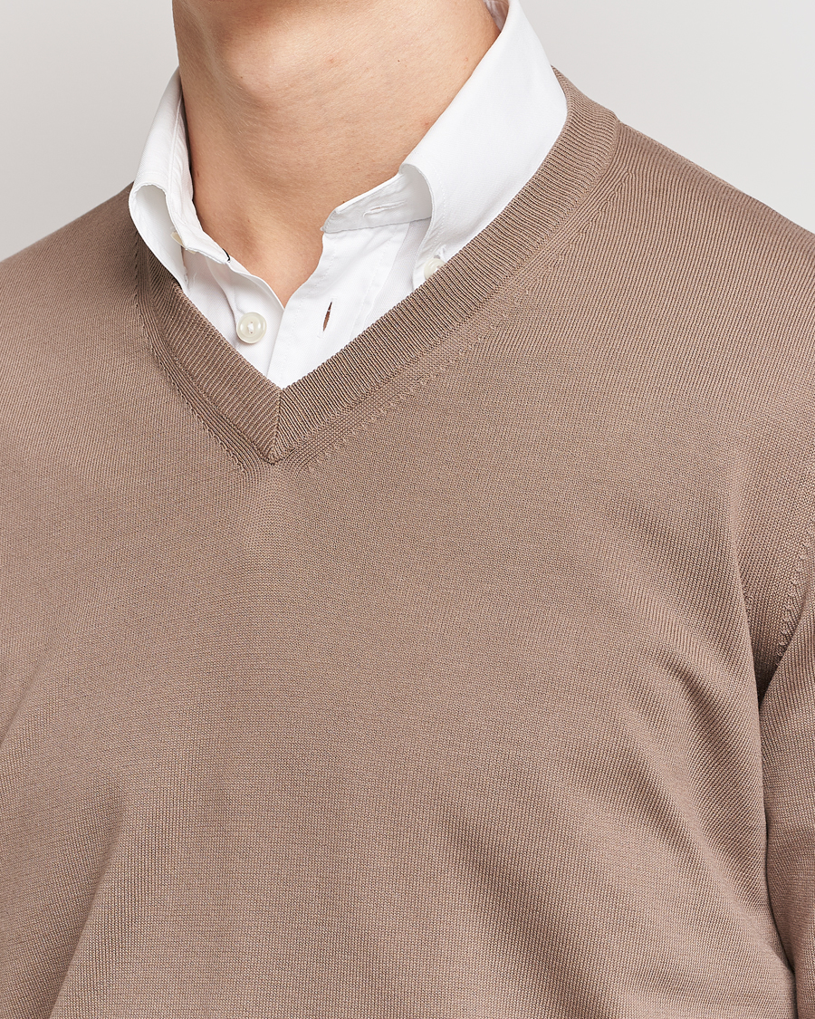 Mies | Puserot | Canali | Cotton V-Neck Pullover Brown