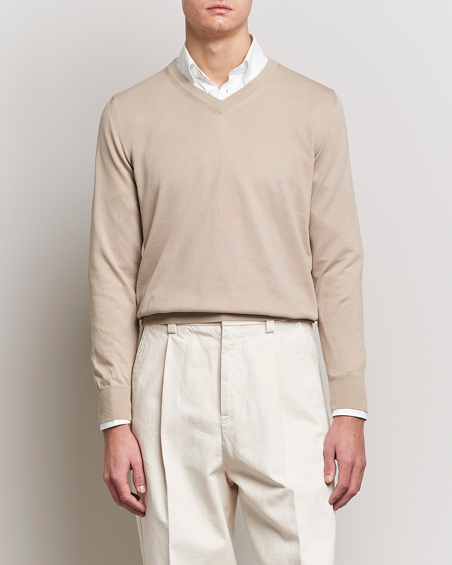 Mies | V-aukkoiset neulepuserot | Canali | Cotton V-Neck Pullover Beige
