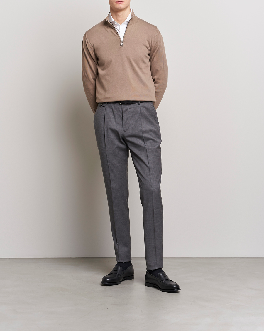 Mies | Puserot | Canali | Cotton Half Zip Sweater Brown