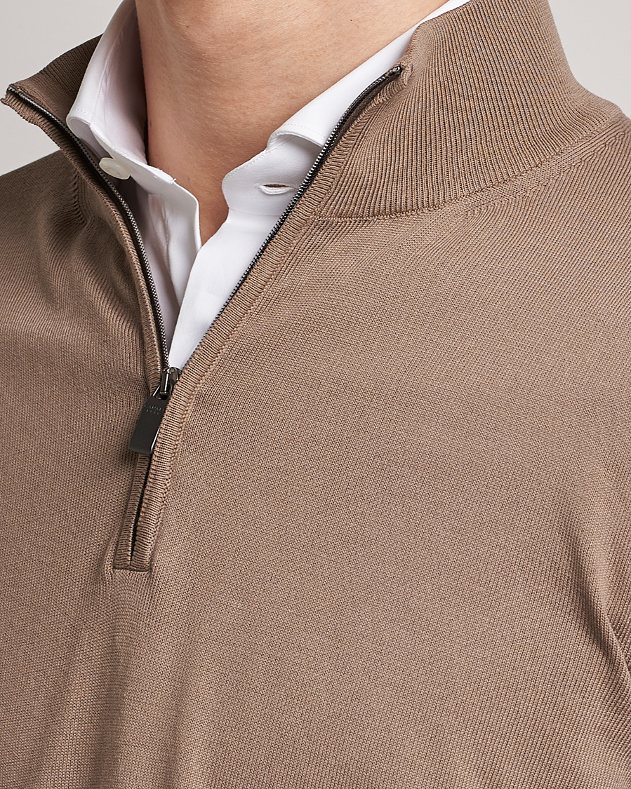 Mies | Puserot | Canali | Cotton Half Zip Sweater Brown