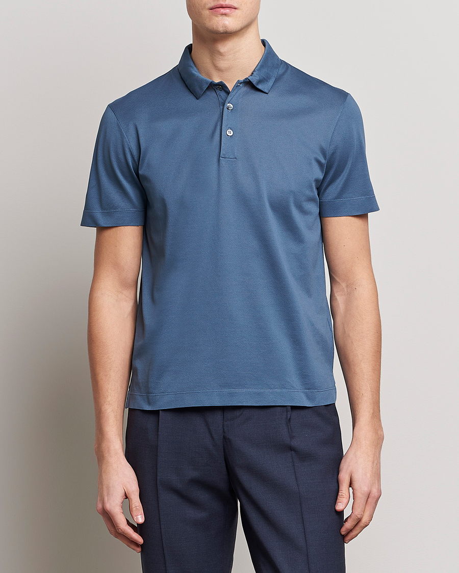 Mies |  | Canali | Short Sleeve Polo Pique Steel Blue
