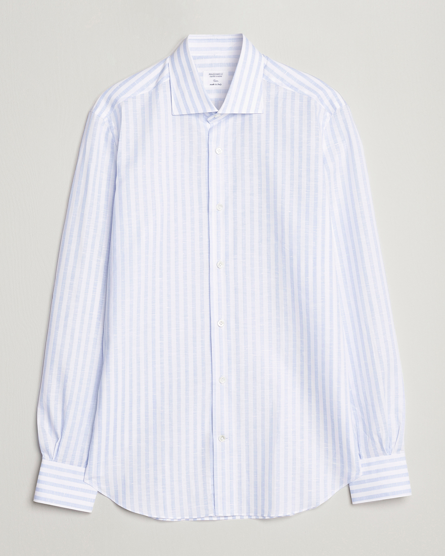 Mies | Kauluspaidat | Mazzarelli | Soft Cotton/Linen Shirt Light Blue Stripe