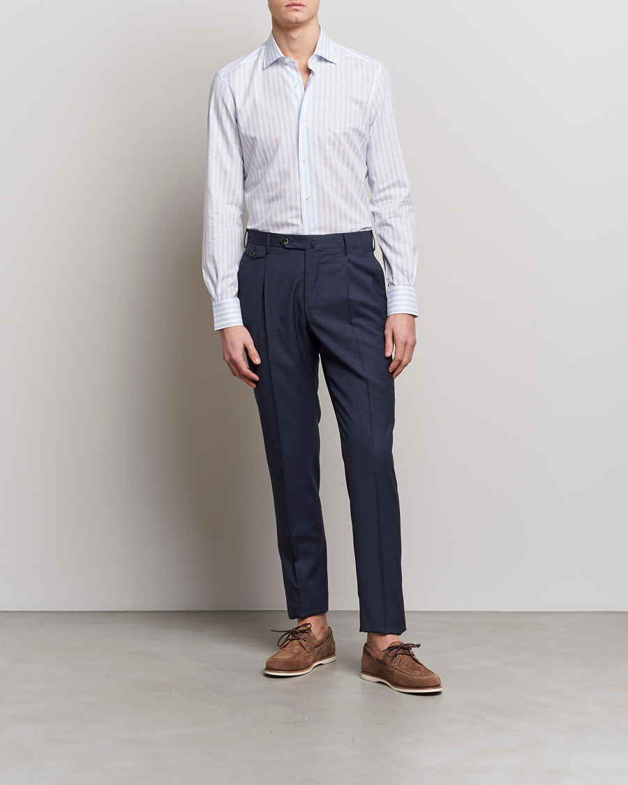 Mies | Kauluspaidat | Mazzarelli | Soft Cotton/Linen Shirt Light Blue Stripe