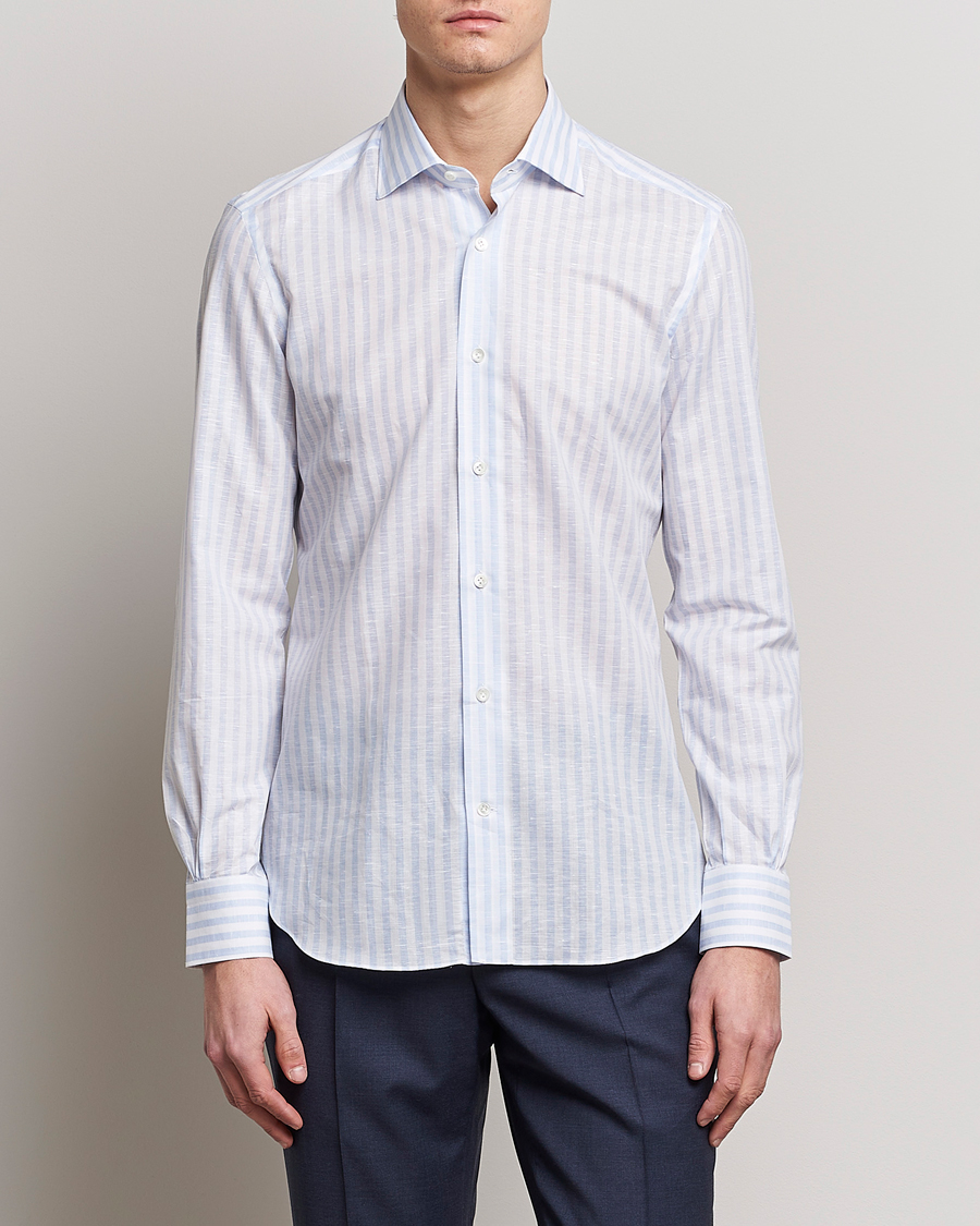 Mies | Pellavapaidat | Mazzarelli | Soft Cotton/Linen Shirt Light Blue Stripe