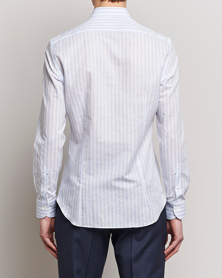 Mies | Kauluspaidat | Mazzarelli | Soft Cotton/Linen Shirt Light Blue Stripe