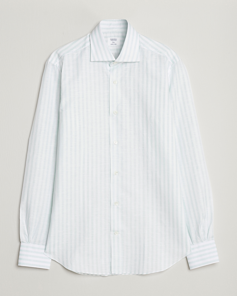 Mies | Kauluspaidat | Mazzarelli | Soft Cotton/Linen Shirt Light Green Stripe