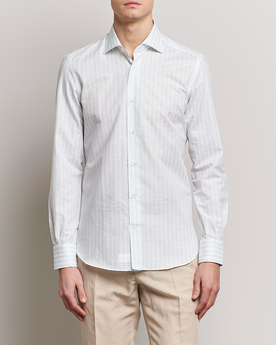 Mies | Pellavapaidat | Mazzarelli | Soft Cotton/Linen Shirt Light Green Stripe