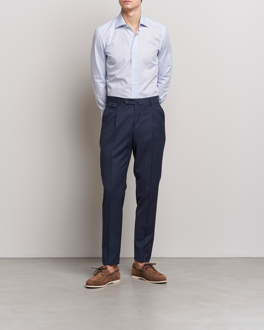 Mies | Kauluspaidat | Mazzarelli | Soft Cotton/Linen Shirt Light Blue