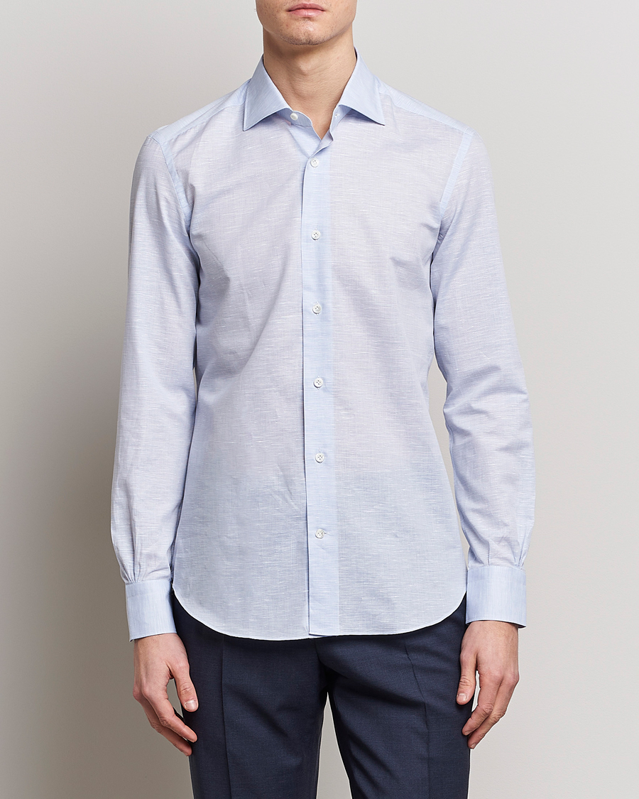 Mies | Pellavapaidat | Mazzarelli | Soft Cotton/Linen Shirt Light Blue