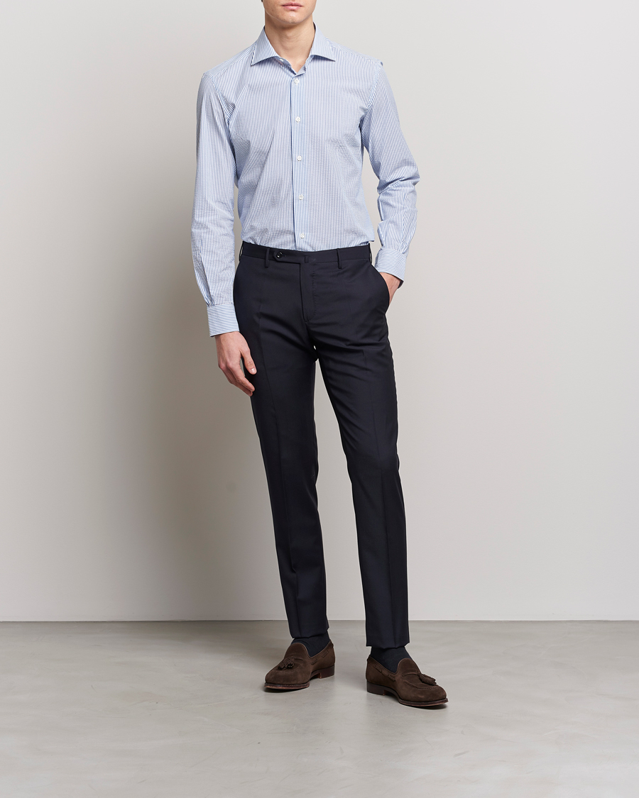 Mies | Kauluspaidat | Mazzarelli | Soft Seersucker Shirt Light Blue Stripe