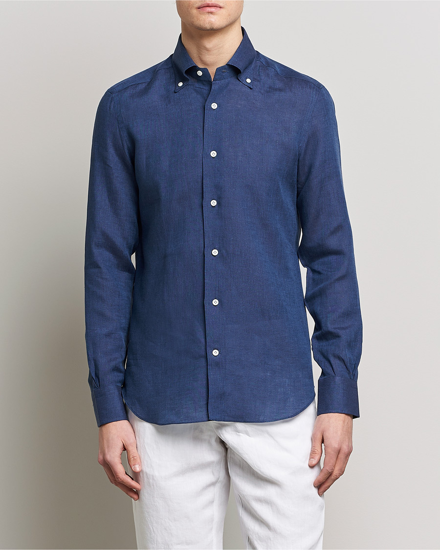 Mies |  | Mazzarelli | Soft Linen Button Down Shirt Navy