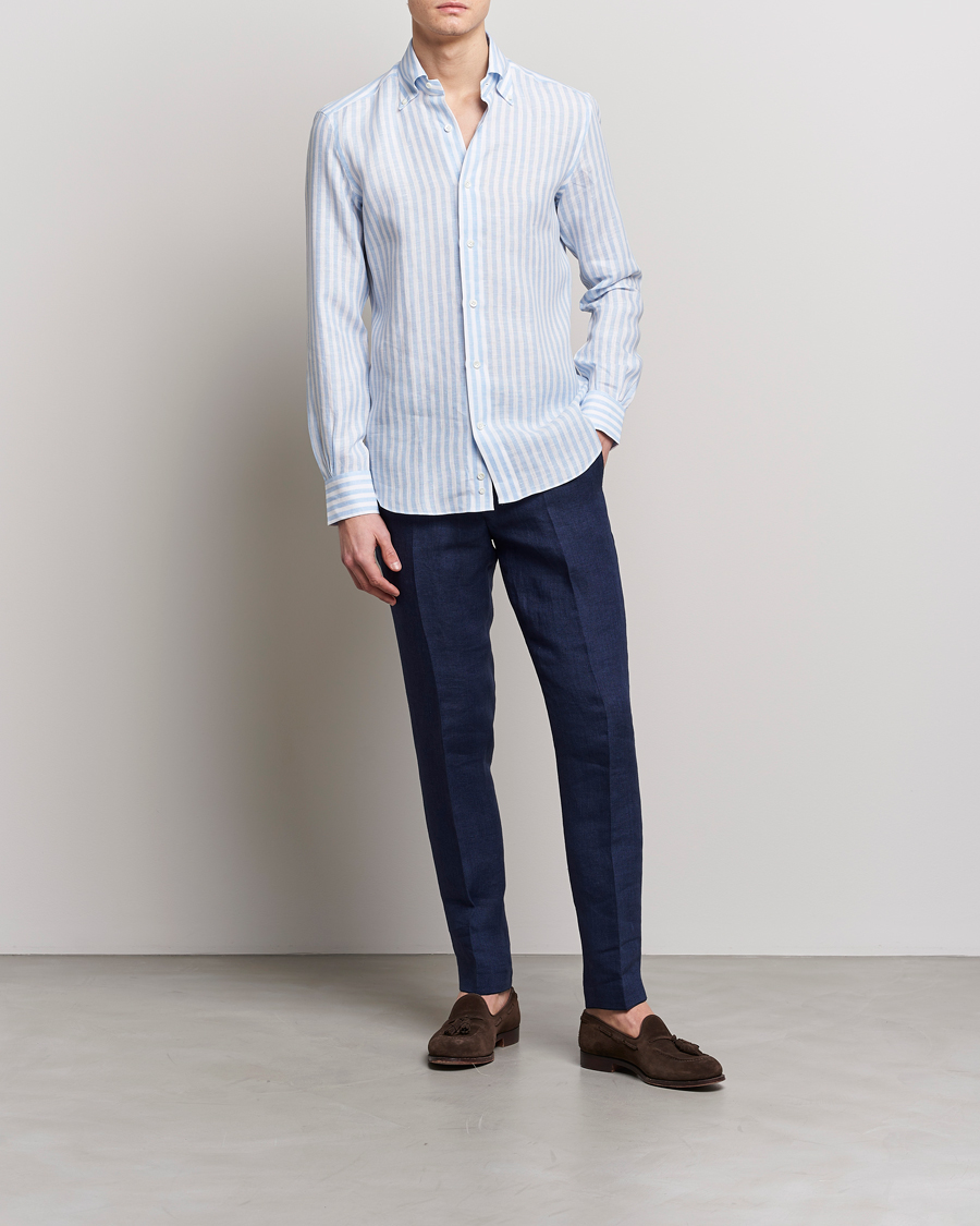 Mies | Kauluspaidat | Mazzarelli | Soft Linen Button Down Shirt Light Blue Stripe