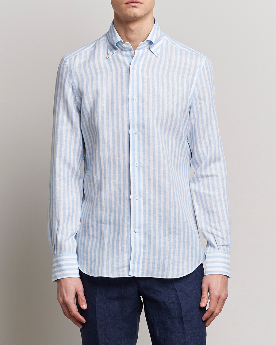 Mies |  | Mazzarelli | Soft Linen Button Down Shirt Light Blue Stripe