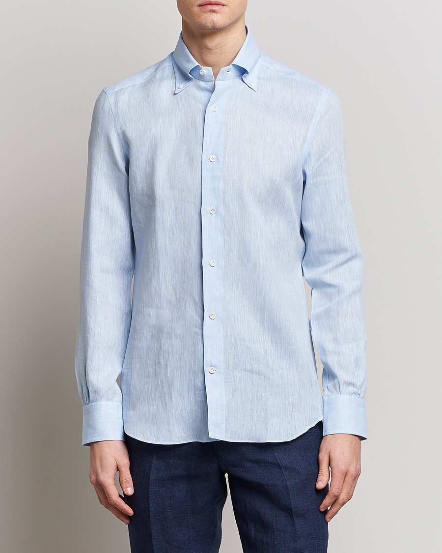 Mies | Pellavapaidat | Mazzarelli | Soft Linen Button Down Shirt Light Blue