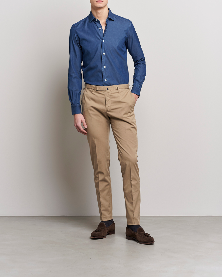 Mies | Kauluspaidat | Mazzarelli | Soft Denim Cut Away Shirt Dark Indigo