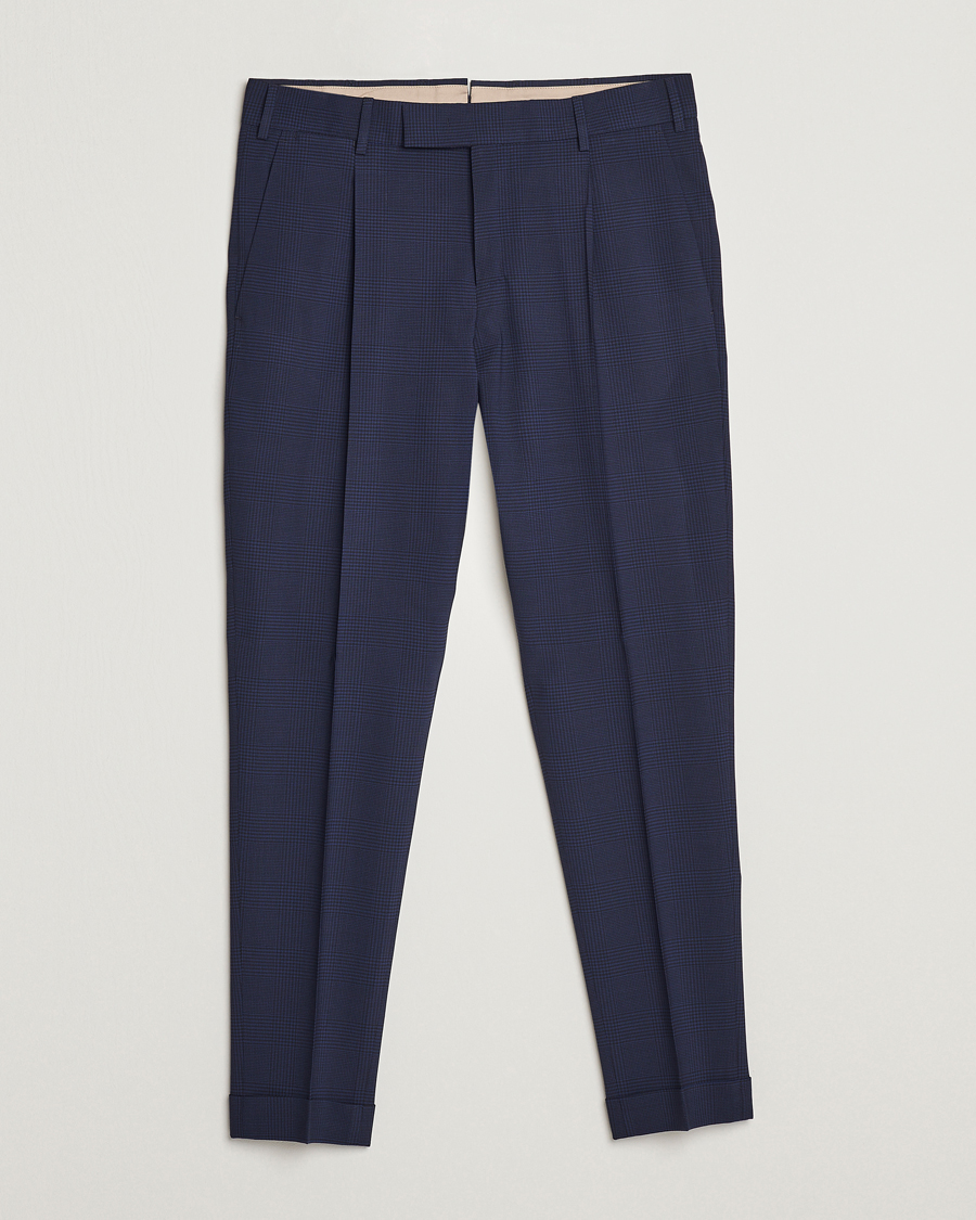 Mies | Housut | PT01 | Slim Fit Pleated Glencheck Wool Trousers Navy