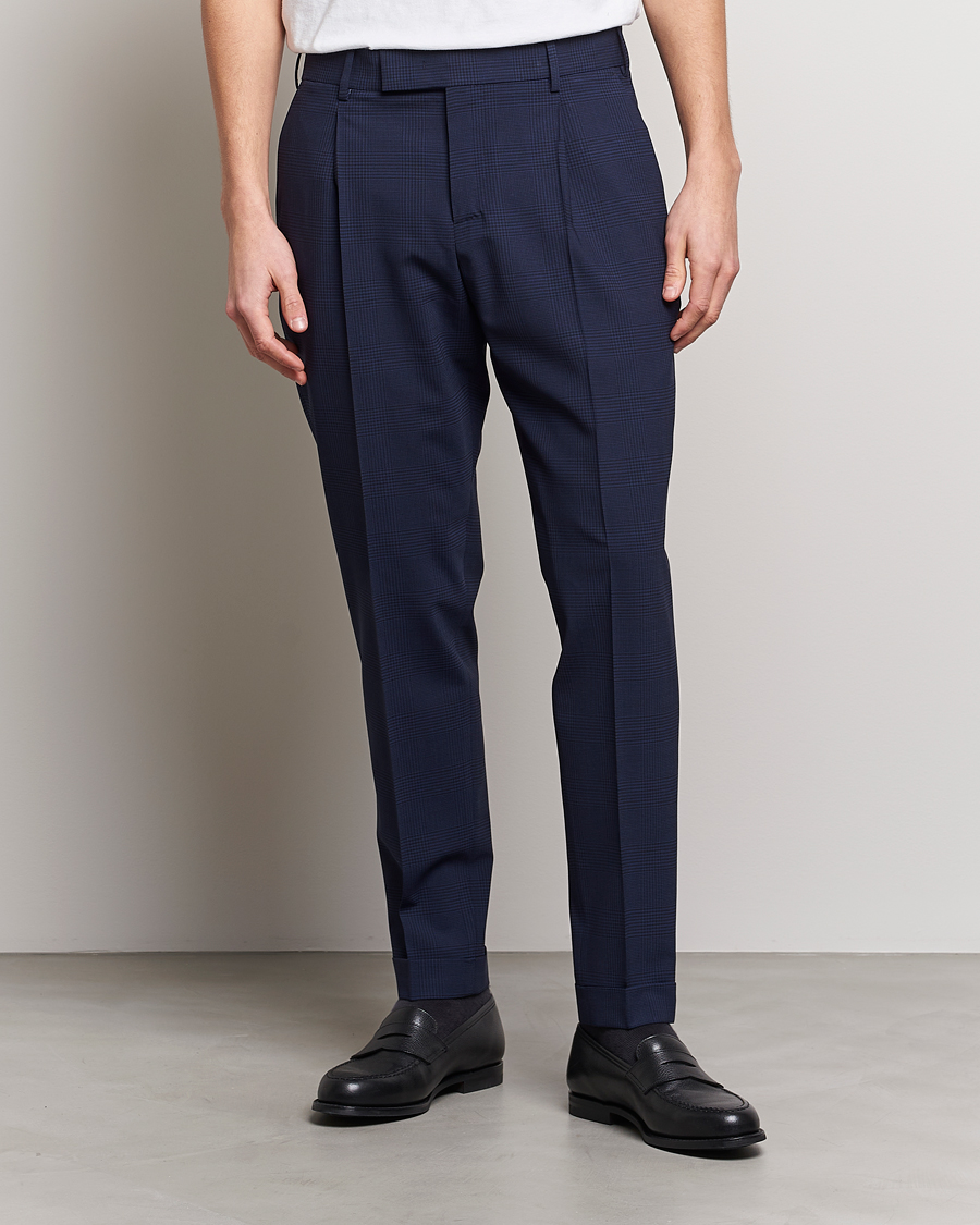 Mies | Irtohousut | PT01 | Slim Fit Pleated Glencheck Wool Trousers Navy
