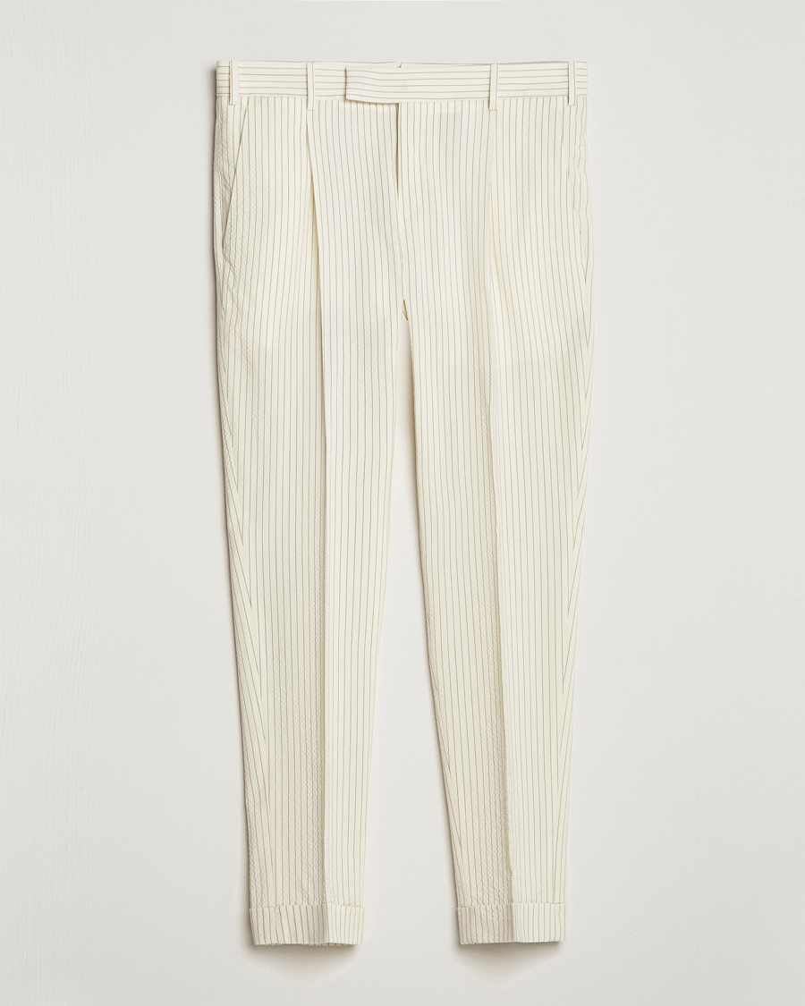 Mies | Housut | PT01 | Slim Fit Pleated Wool Seersucker Trousers Off White