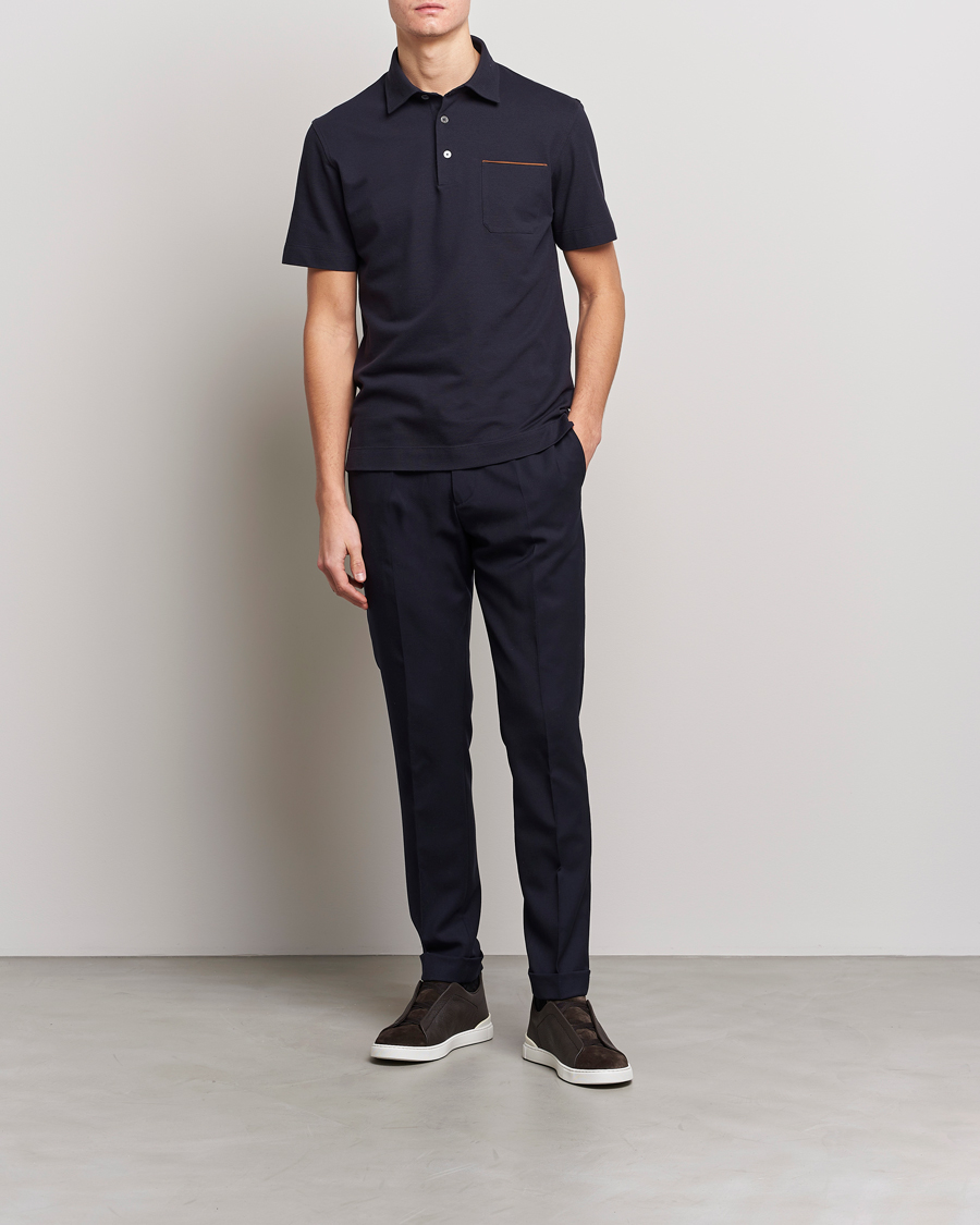 Mies | Pikeet | Zegna | Short Sleeve Pocket Polo Navy