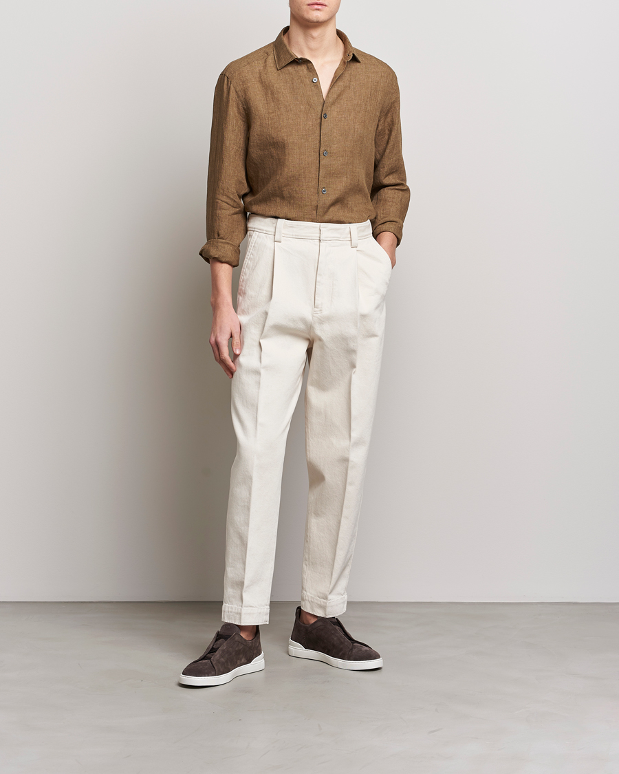 Mies | Kauluspaidat | Zegna | Slim Fit Linen Shirt Olive