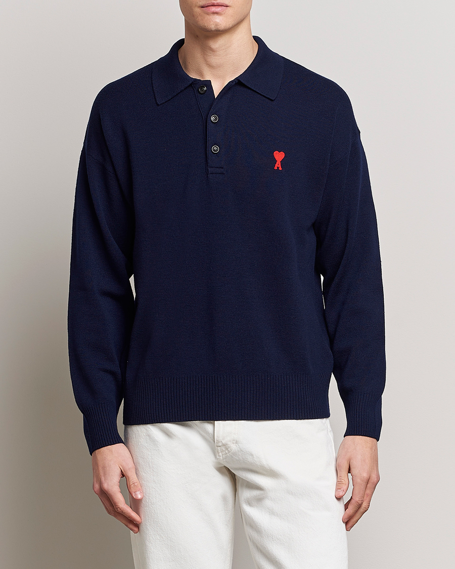 Mies | Pikeet | AMI | Heart Long Sleeve Knitted Polo Navy