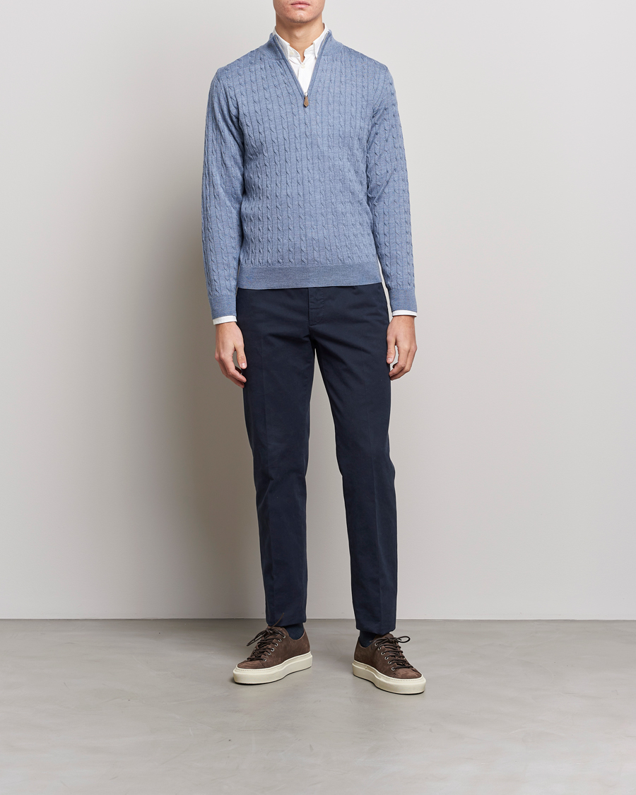 Mies | Puserot | Stenströms | Merino Cable Half Zip Light Blue