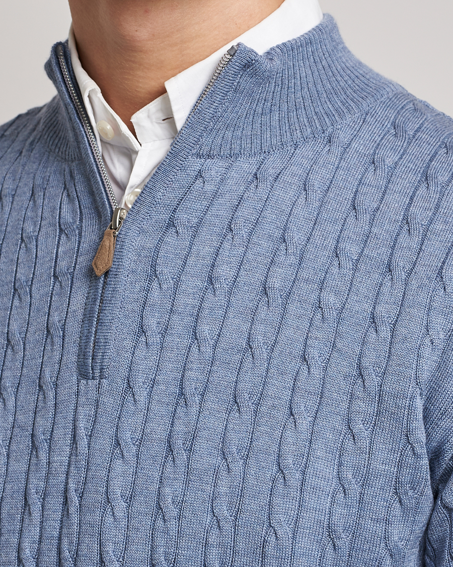 Mies | Puserot | Stenströms | Merino Cable Half Zip Light Blue