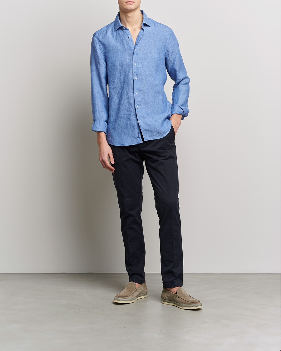 Mies | Kauluspaidat | Stenströms | Slimline Cut Away Linen Shirt Mid Blue