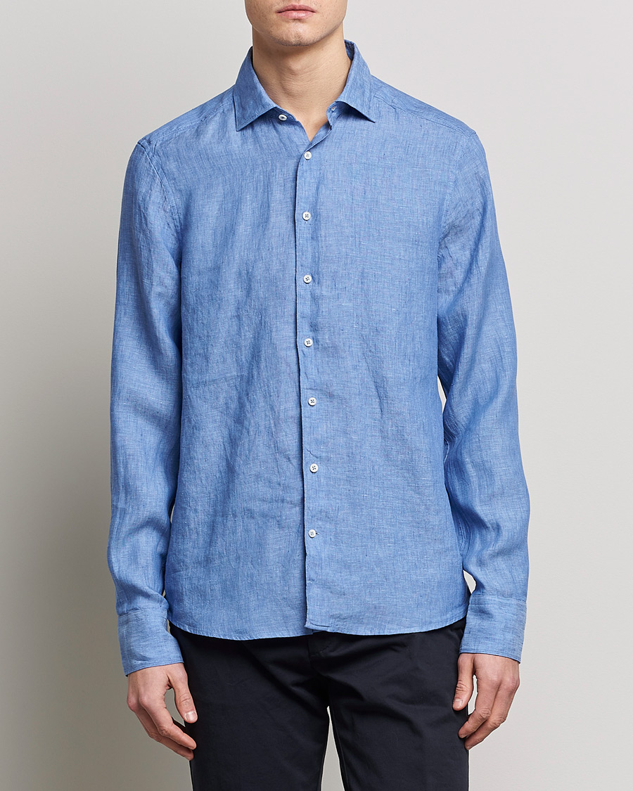 Mies |  | Stenströms | Slimline Cut Away Linen Shirt Mid Blue