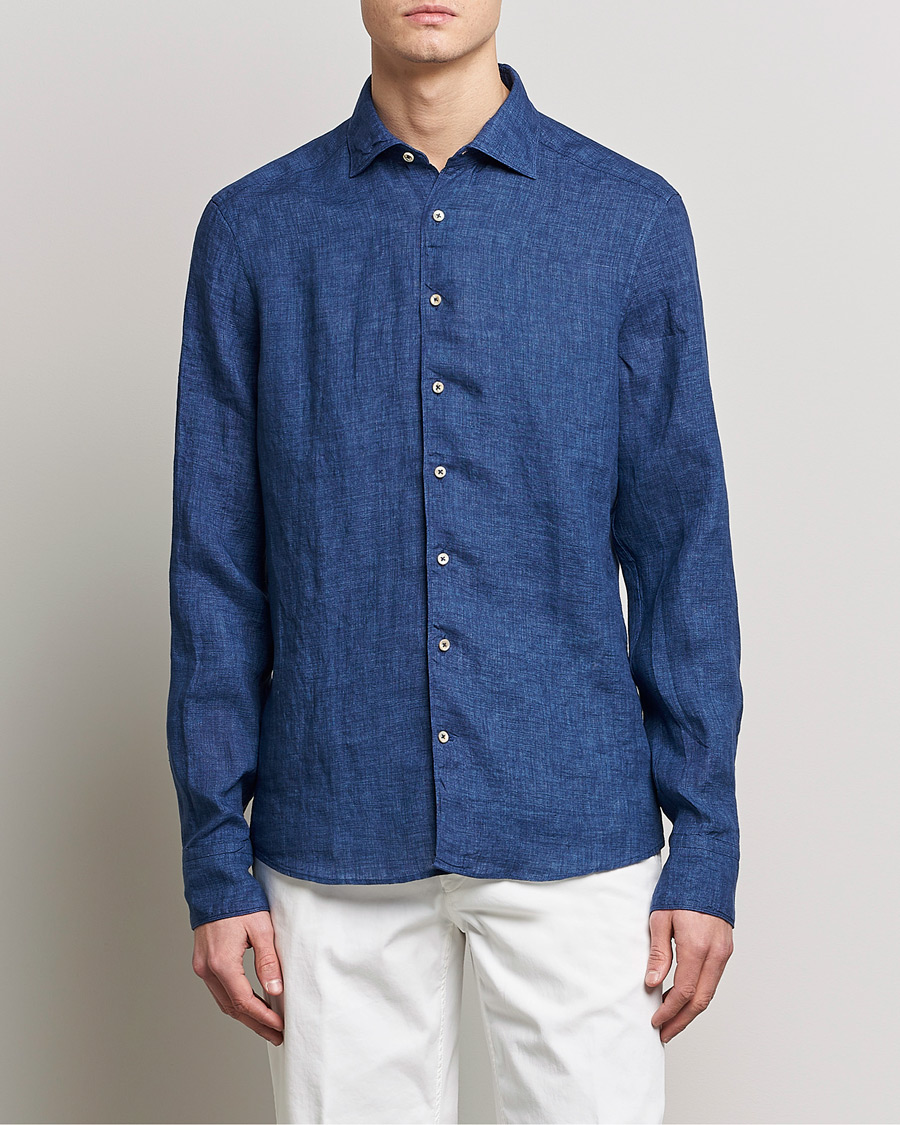 Mies |  | Stenströms | Slimline Cut Away Linen Shirt Dark Blue