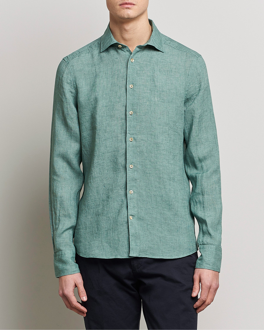 Mies |  | Stenströms | Slimline Cut Away Linen Shirt Deep Green