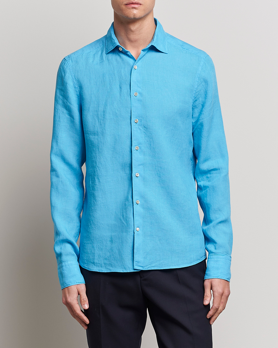 Mies |  | Stenströms | Slimline Cut Away Linen Shirt High Blue