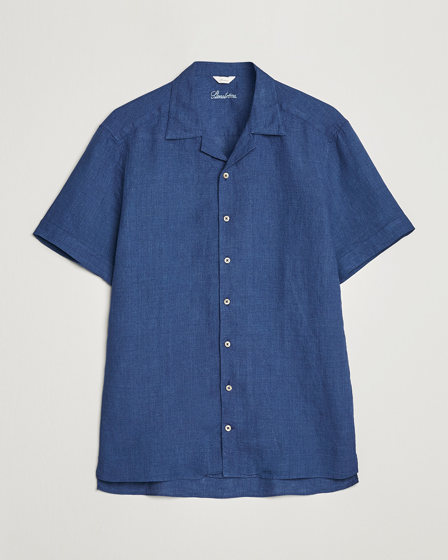 Mies | Kauluspaidat | Stenströms | Slimline Short Sleeve Resort Linen Shirt Blue