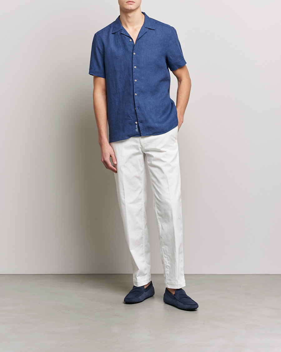 Mies | Kauluspaidat | Stenströms | Slimline Short Sleeve Resort Linen Shirt Blue