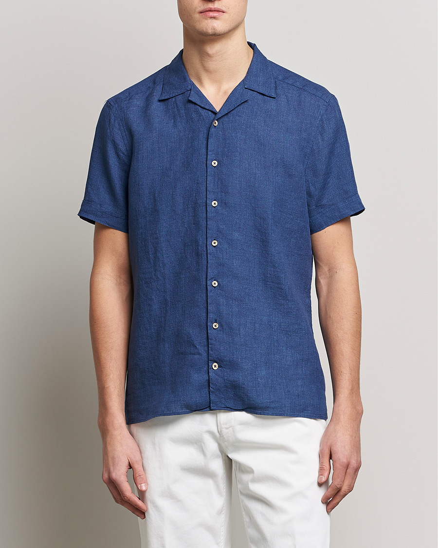Mies | Kauluspaidat | Stenströms | Slimline Short Sleeve Resort Linen Shirt Blue