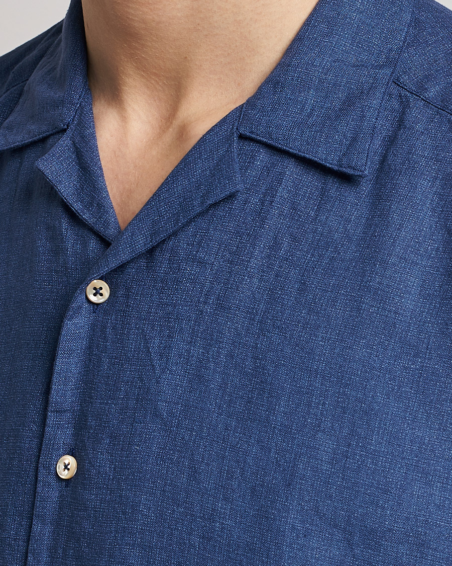 Mies | Kauluspaidat | Stenströms | Slimline Short Sleeve Resort Linen Shirt Blue