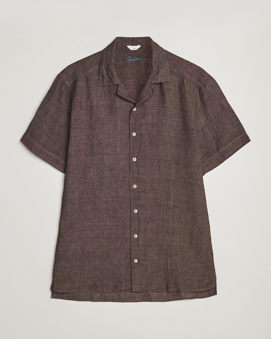 Mies | Kauluspaidat | Stenströms | Slimline Short Sleeve Resort Linen Shirt Dark Brown