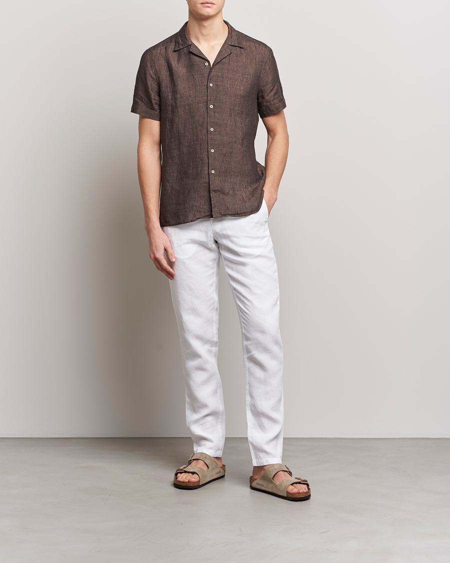 Mies | Kauluspaidat | Stenströms | Slimline Short Sleeve Resort Linen Shirt Dark Brown