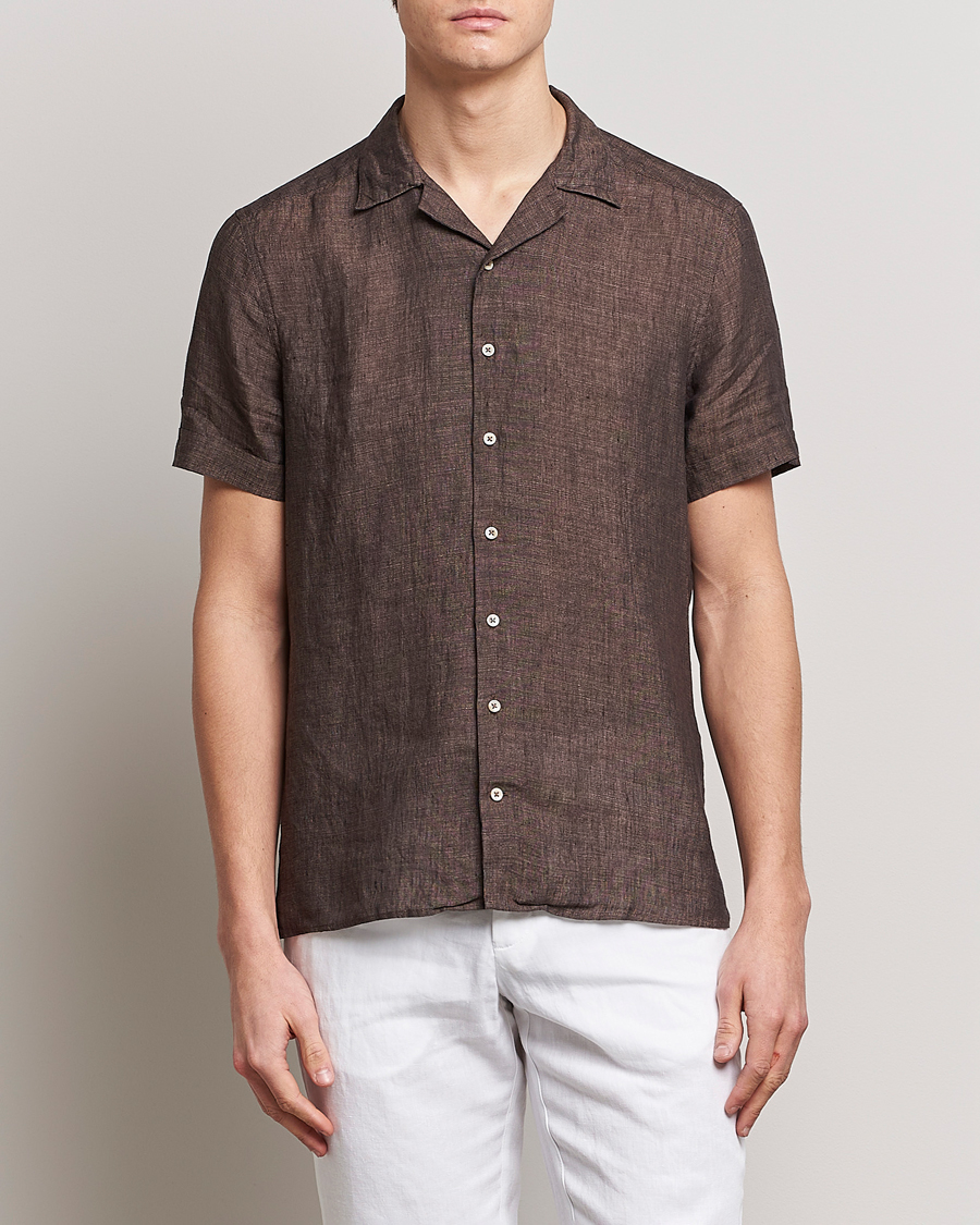 Mies | Kauluspaidat | Stenströms | Slimline Short Sleeve Resort Linen Shirt Dark Brown