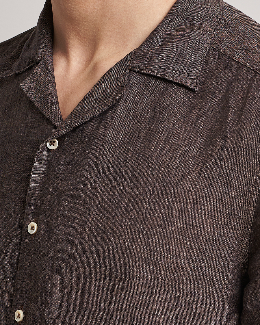 Mies | Kauluspaidat | Stenströms | Slimline Short Sleeve Resort Linen Shirt Dark Brown