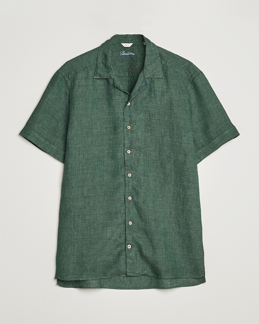 Mies | Kauluspaidat | Stenströms | Slimline Short Sleeve Resort Linen Shirt Dark Green