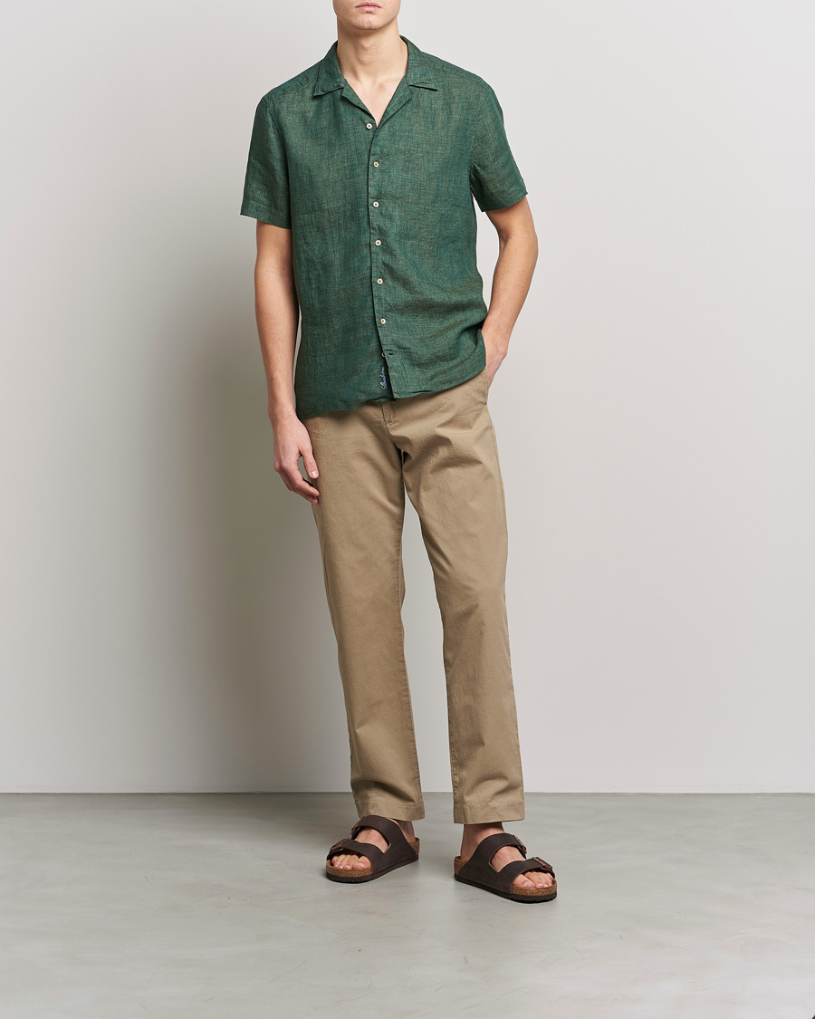 Mies | Kauluspaidat | Stenströms | Slimline Short Sleeve Resort Linen Shirt Dark Green